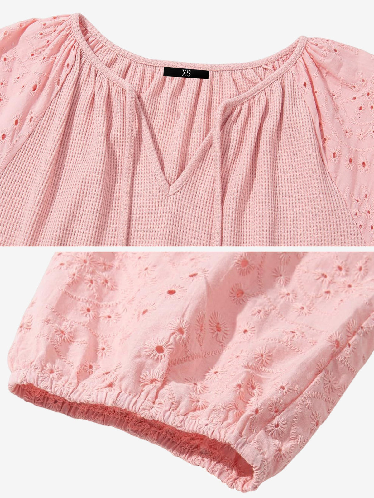 Solid Color V Neck 3/4 Sleeves Eyelet Blouse