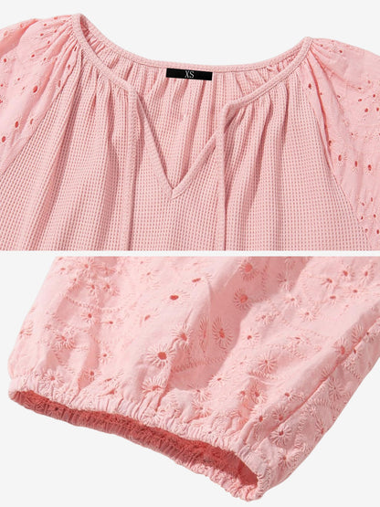 Solid Color V Neck 3/4 Sleeves Eyelet Blouse
