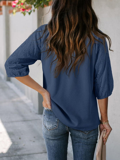 Solid Color V Neck 3/4 Sleeves Eyelet Blouse