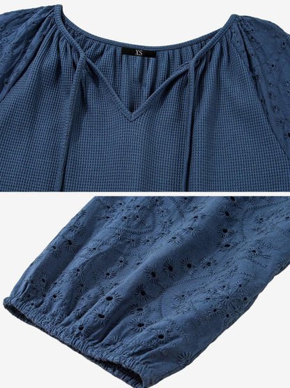 Solid Color V Neck 3/4 Sleeves Eyelet Blouse