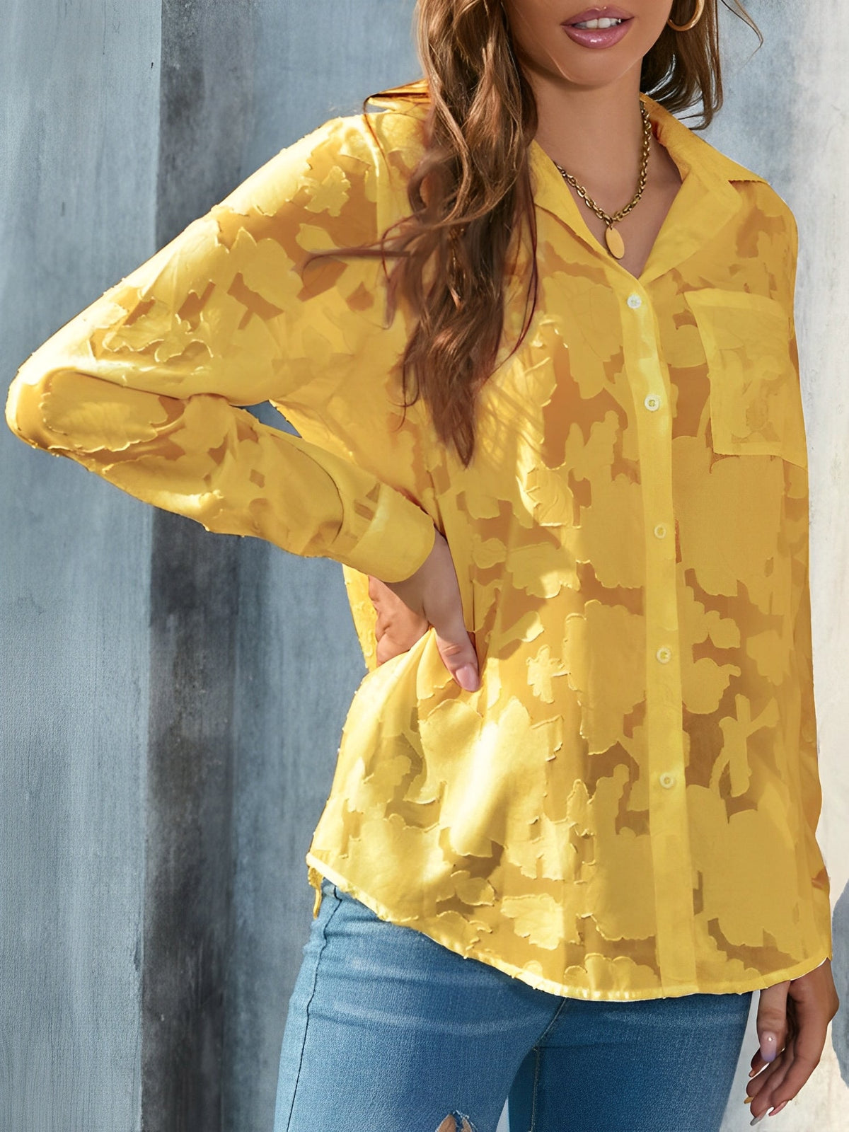 Solid Color Textured Collar Button Down Shirt