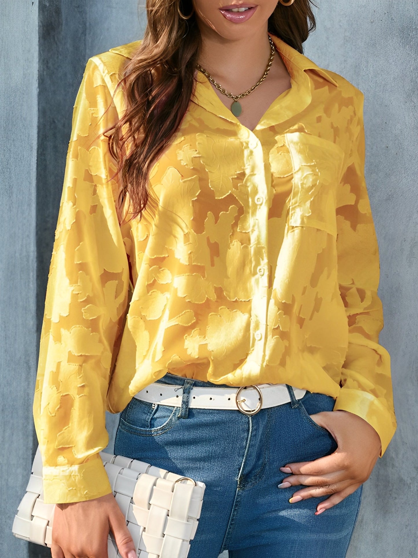 Solid Color Textured Collar Button Down Shirt