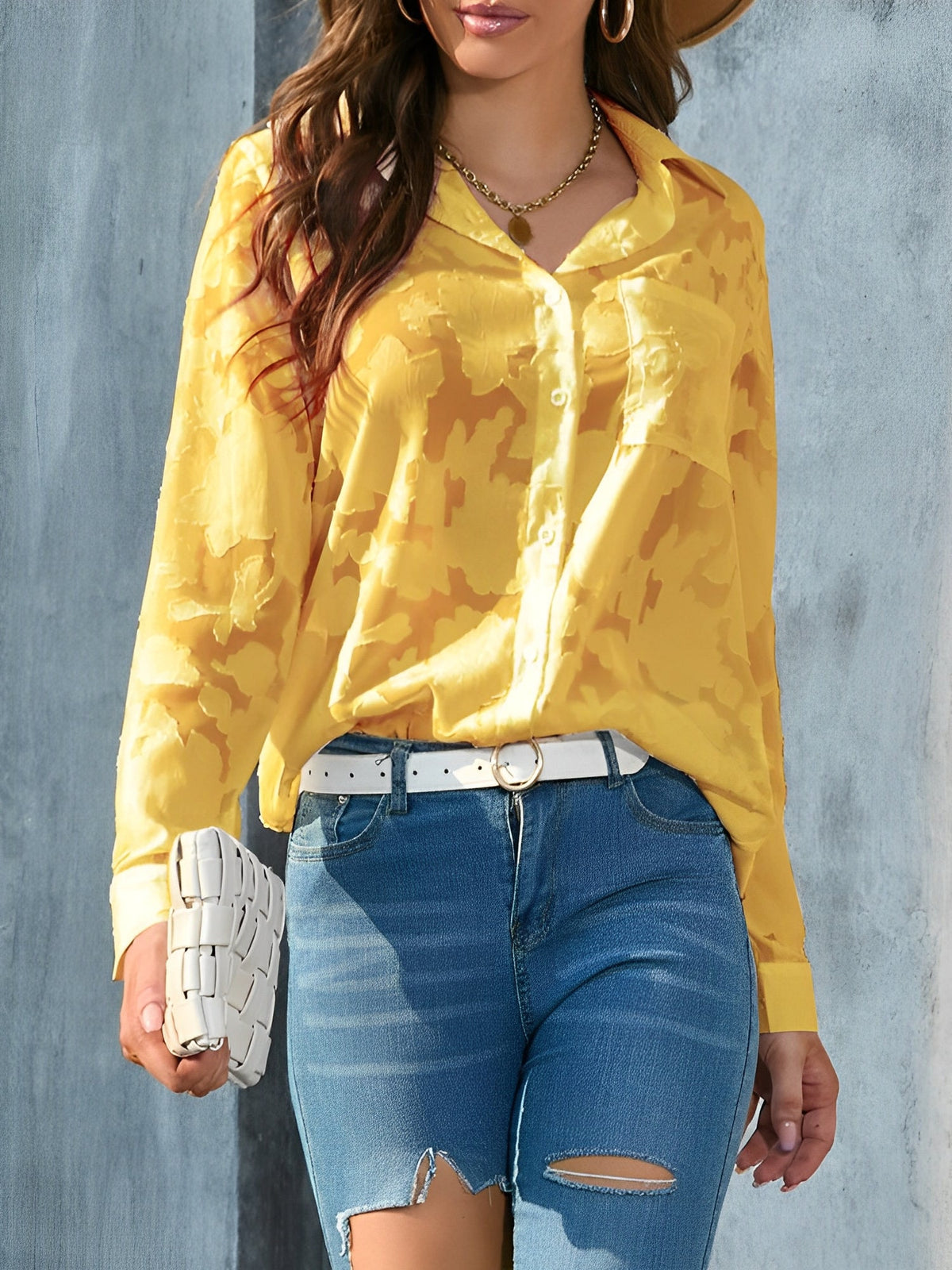 Solid Color Textured Collar Button Down Shirt