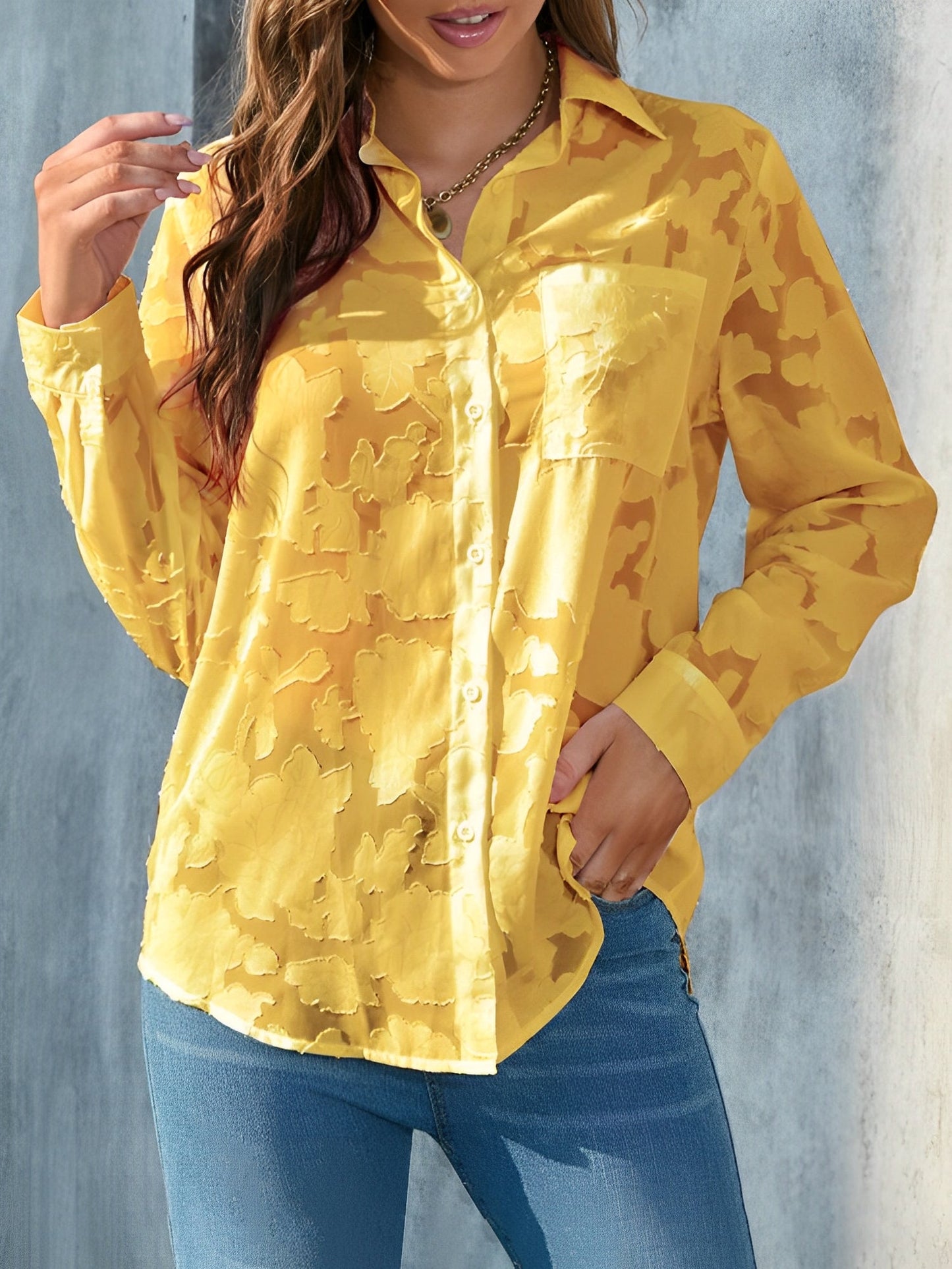 Solid Color Textured Collar Button Down Shirt