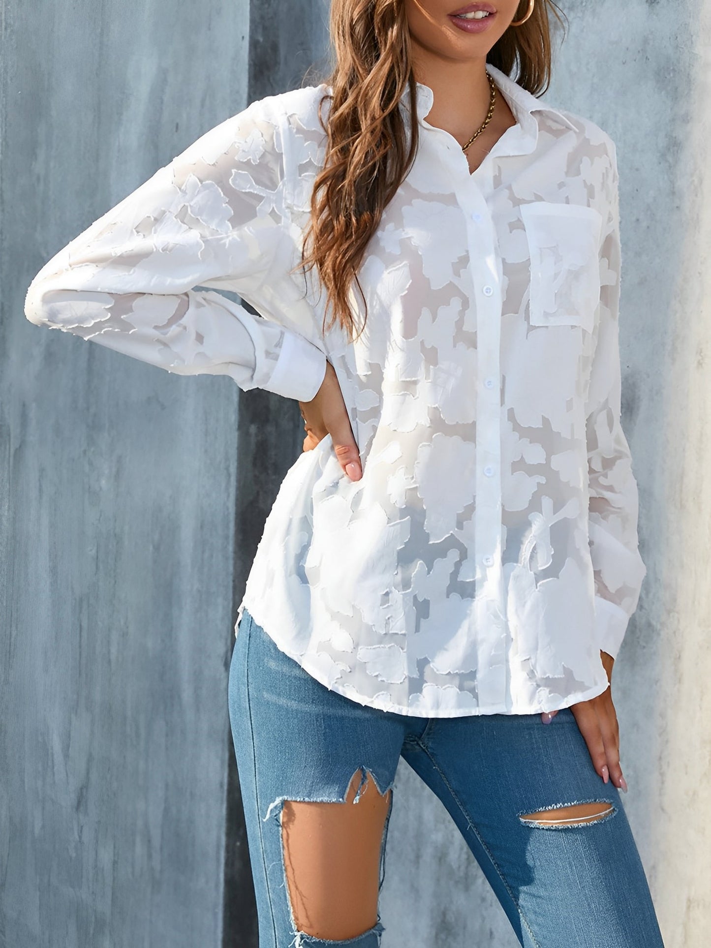 Solid Color Textured Collar Button Down Shirt