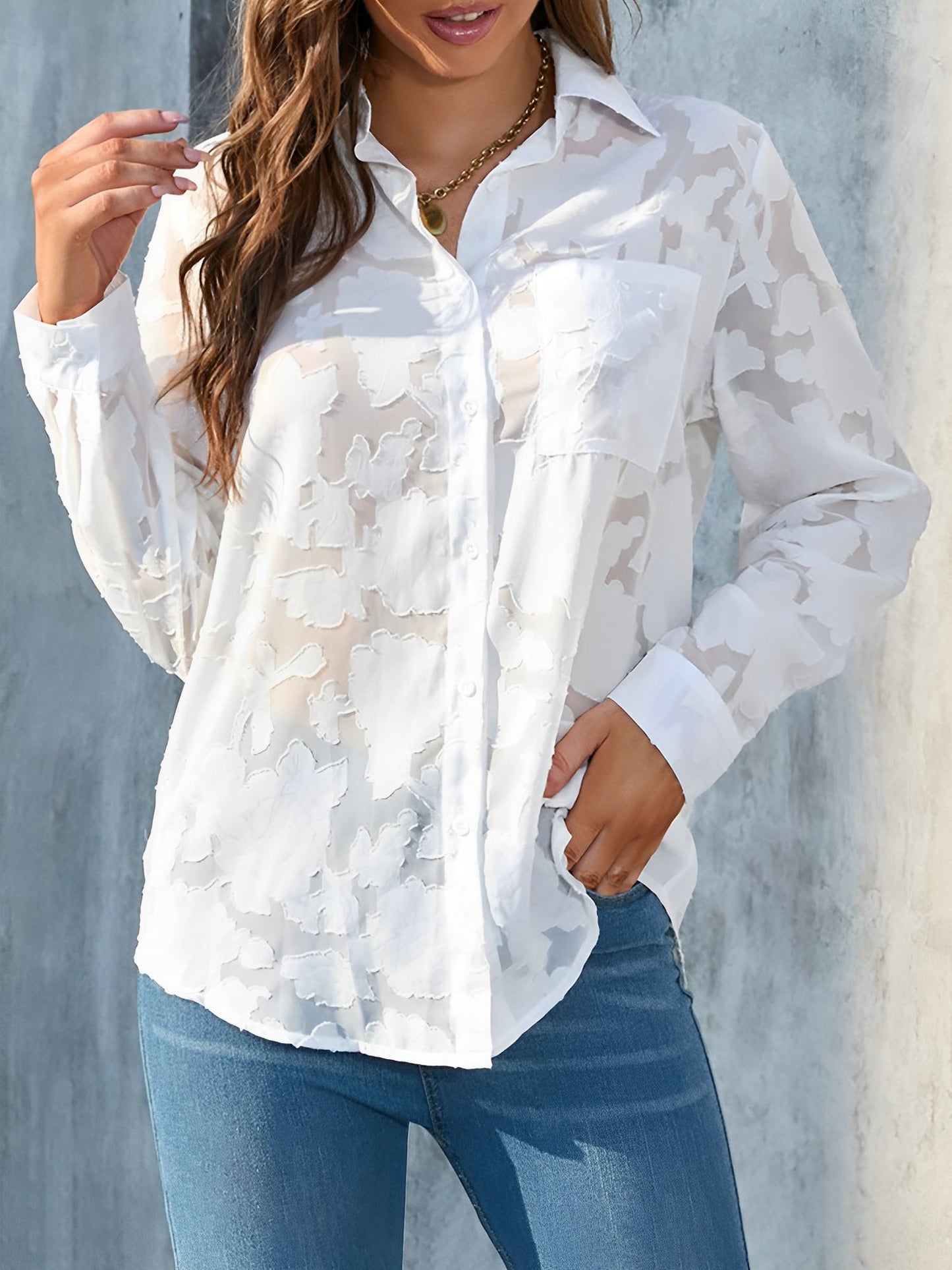 Solid Color Textured Collar Button Down Shirt