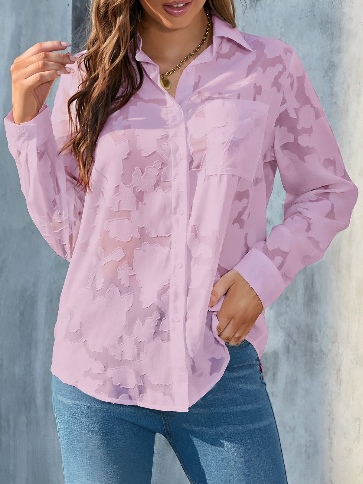 Solid Color Textured Collar Button Down Shirt