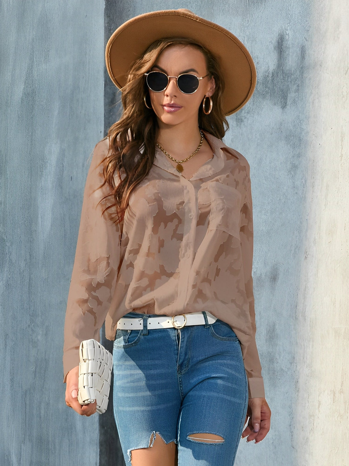 Solid Color Textured Collar Button Down Shirt