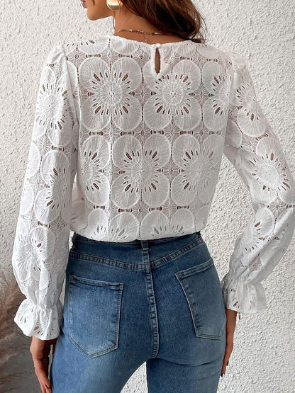 Round Neck Lace Long Sleeves Casual Blouse