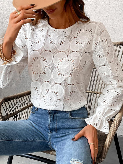 Round Neck Lace Long Sleeves Casual Blouse