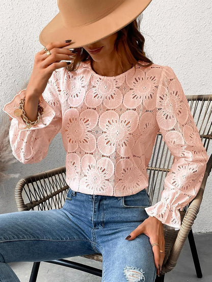 Round Neck Lace Long Sleeves Casual Blouse