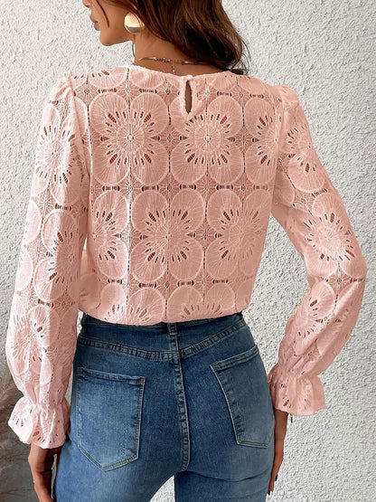 Round Neck Lace Long Sleeves Casual Blouse