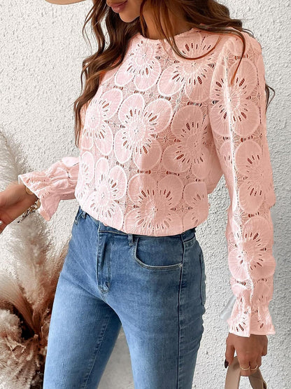 Round Neck Lace Long Sleeves Casual Blouse