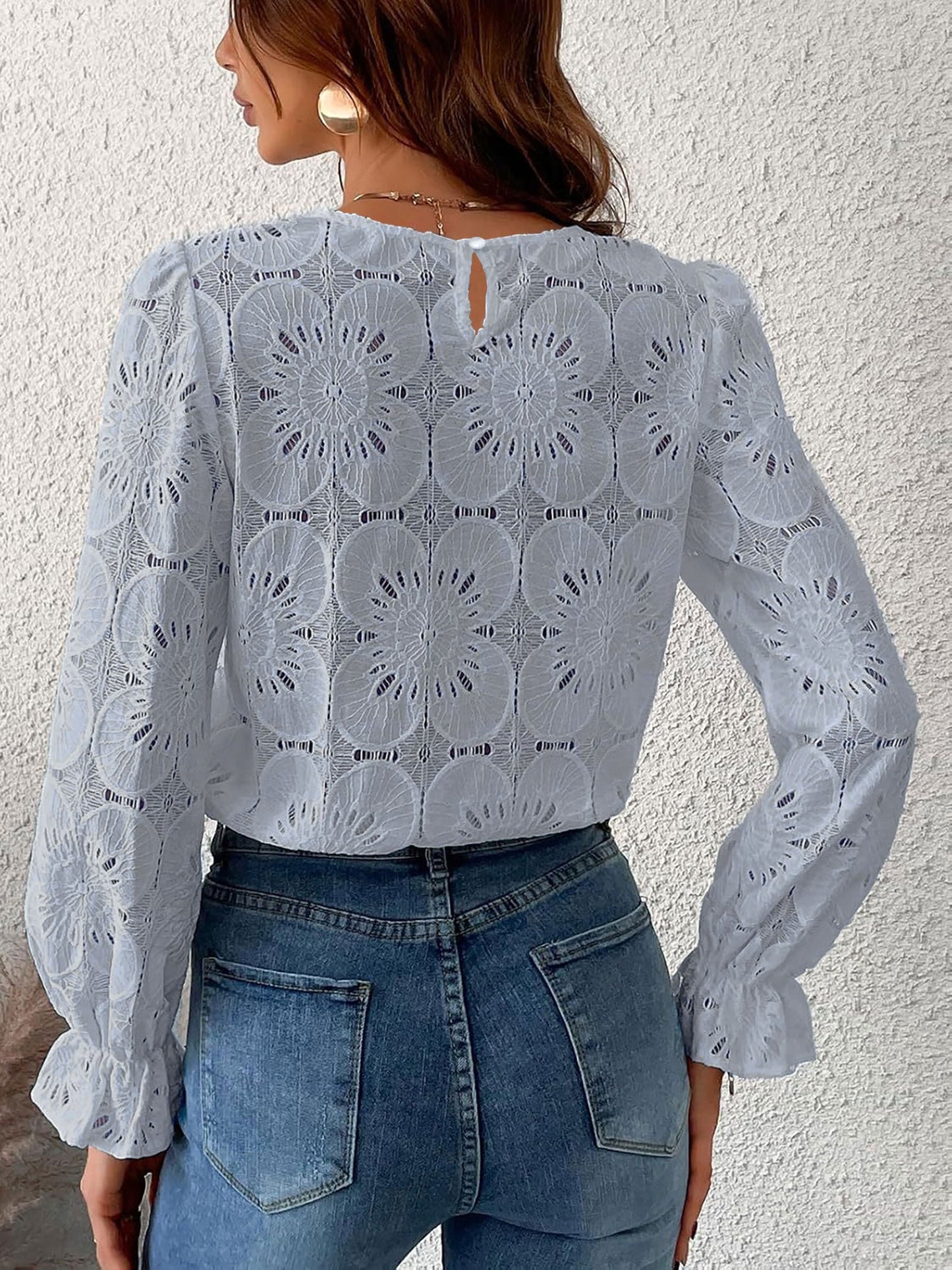 Round Neck Lace Long Sleeves Casual Blouse
