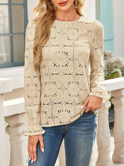 Round Neck Lace Long Sleeves Casual Blouse