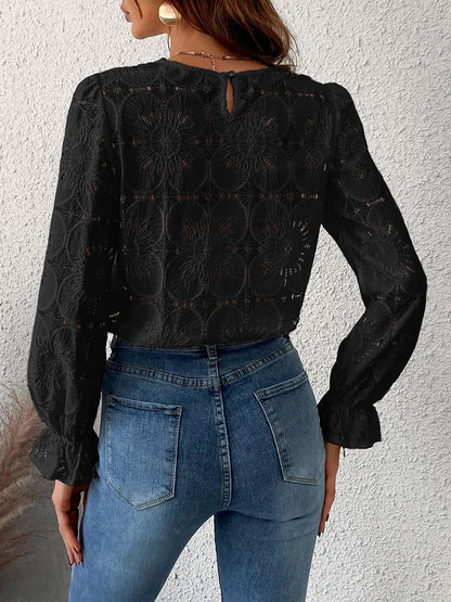 Round Neck Lace Long Sleeves Casual Blouse