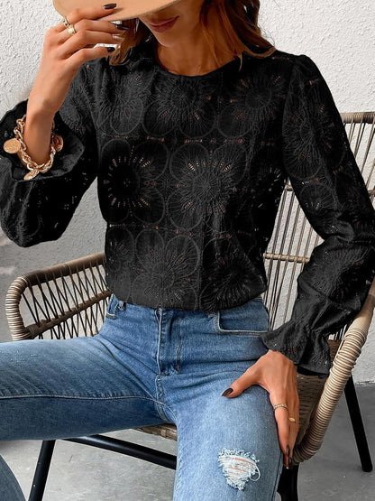 Round Neck Lace Long Sleeves Casual Blouse