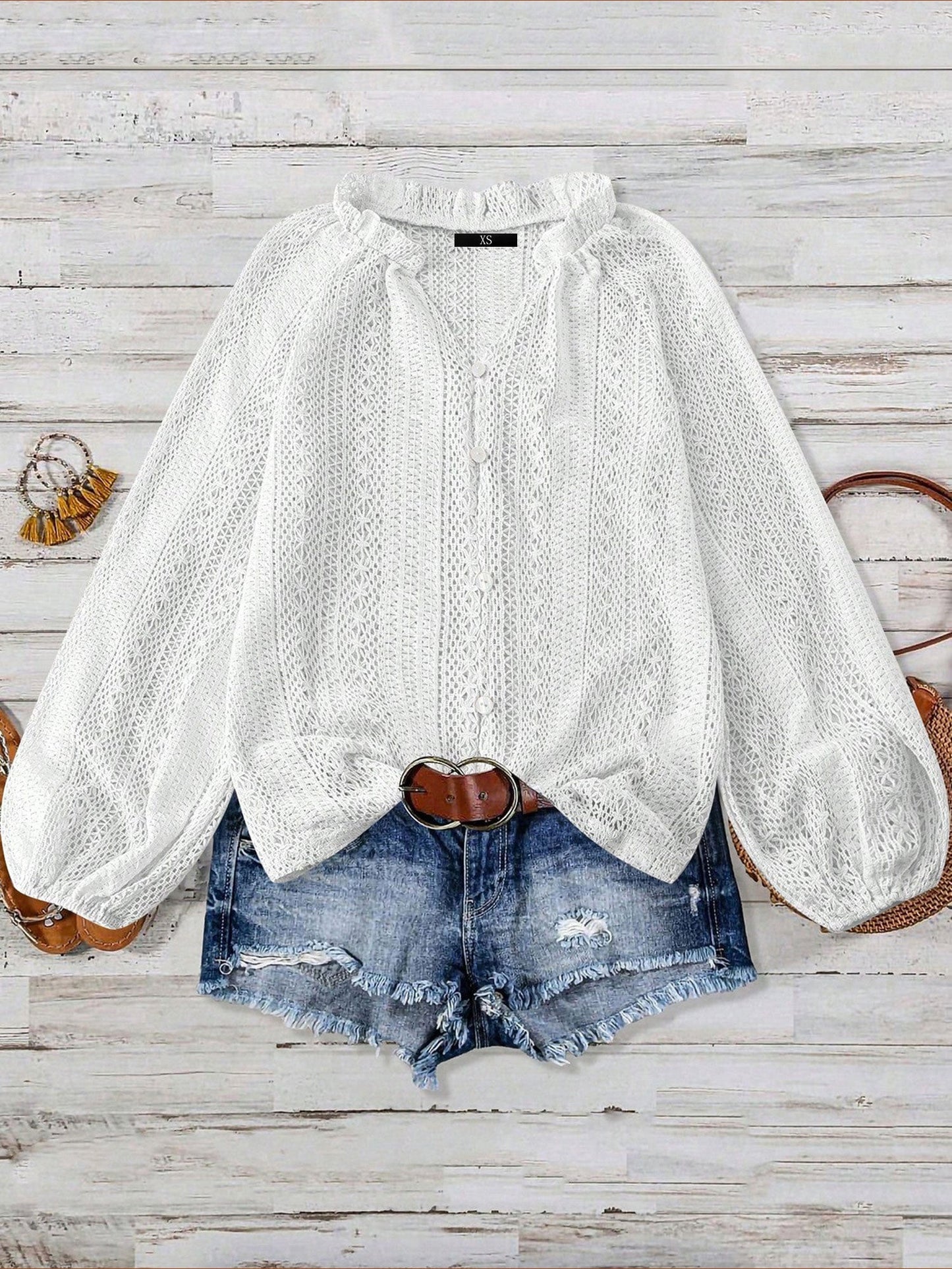 Solid Color Long Sleeves Knitted Sheer Crochet Blouse