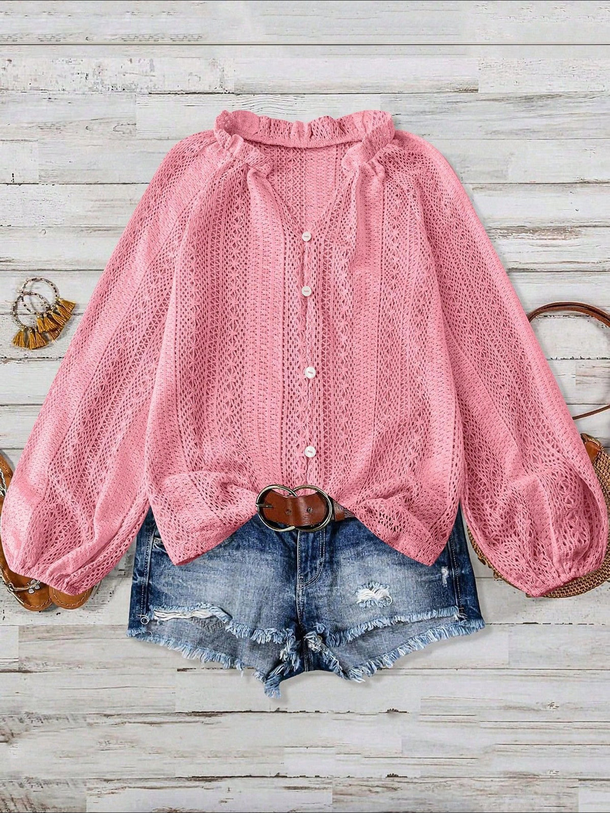 Solid Color Long Sleeves Knitted Sheer Crochet Blouse
