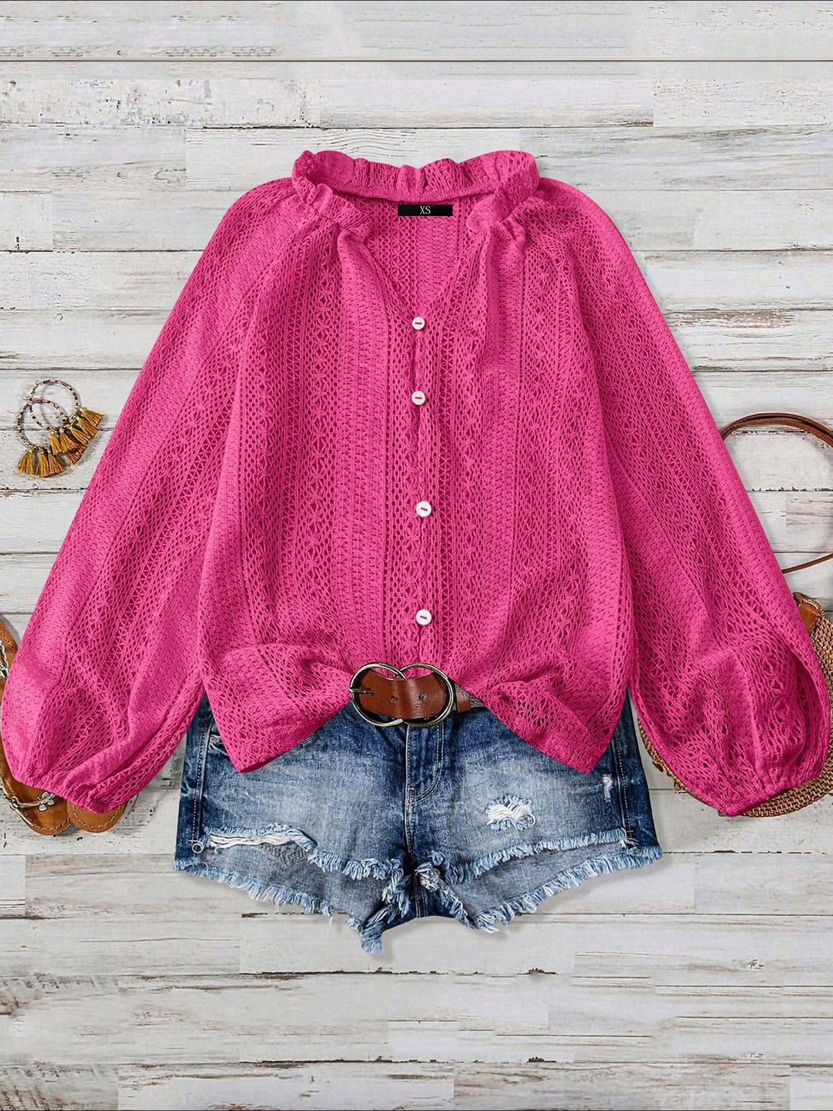 Solid Color Long Sleeves Knitted Sheer Crochet Blouse