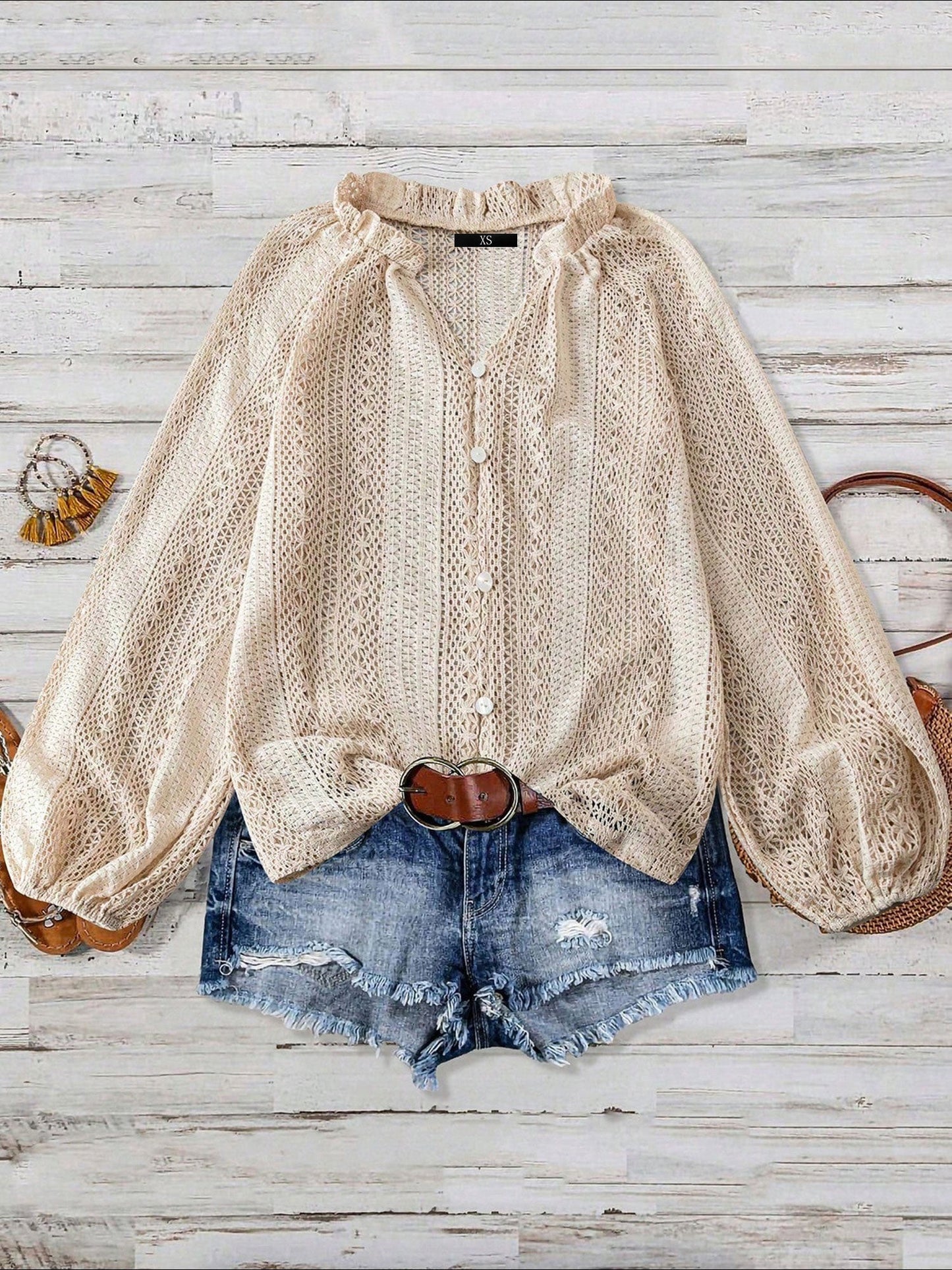 Solid Color Long Sleeves Knitted Sheer Crochet Blouse