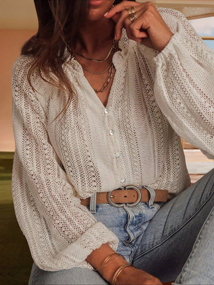 Solid Color Long Sleeves Knitted Sheer Crochet Blouse
