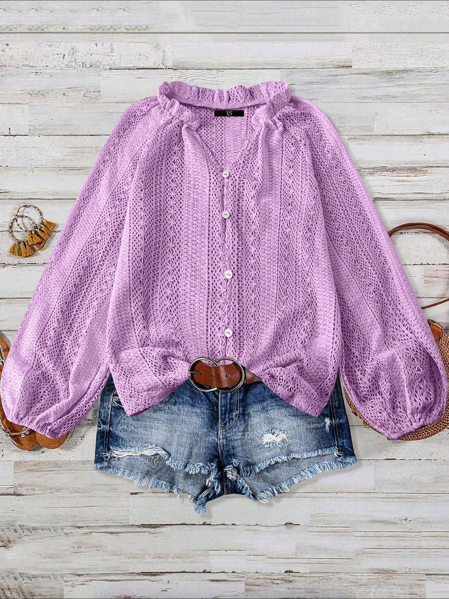 Solid Color Long Sleeves Knitted Sheer Crochet Blouse