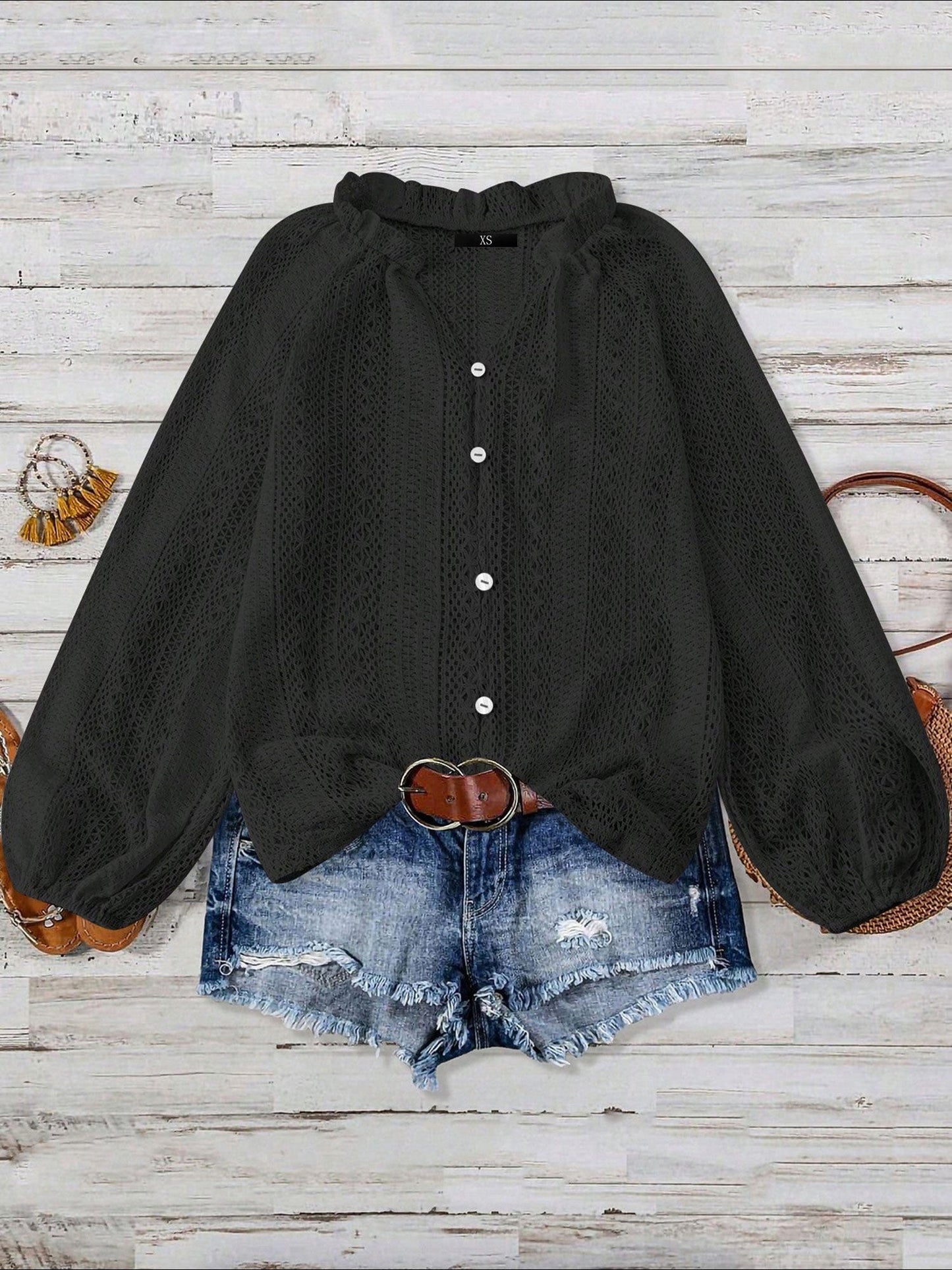 Solid Color Long Sleeves Knitted Sheer Crochet Blouse