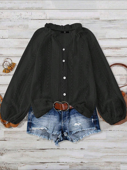 Solid Color Long Sleeves Knitted Sheer Crochet Blouse