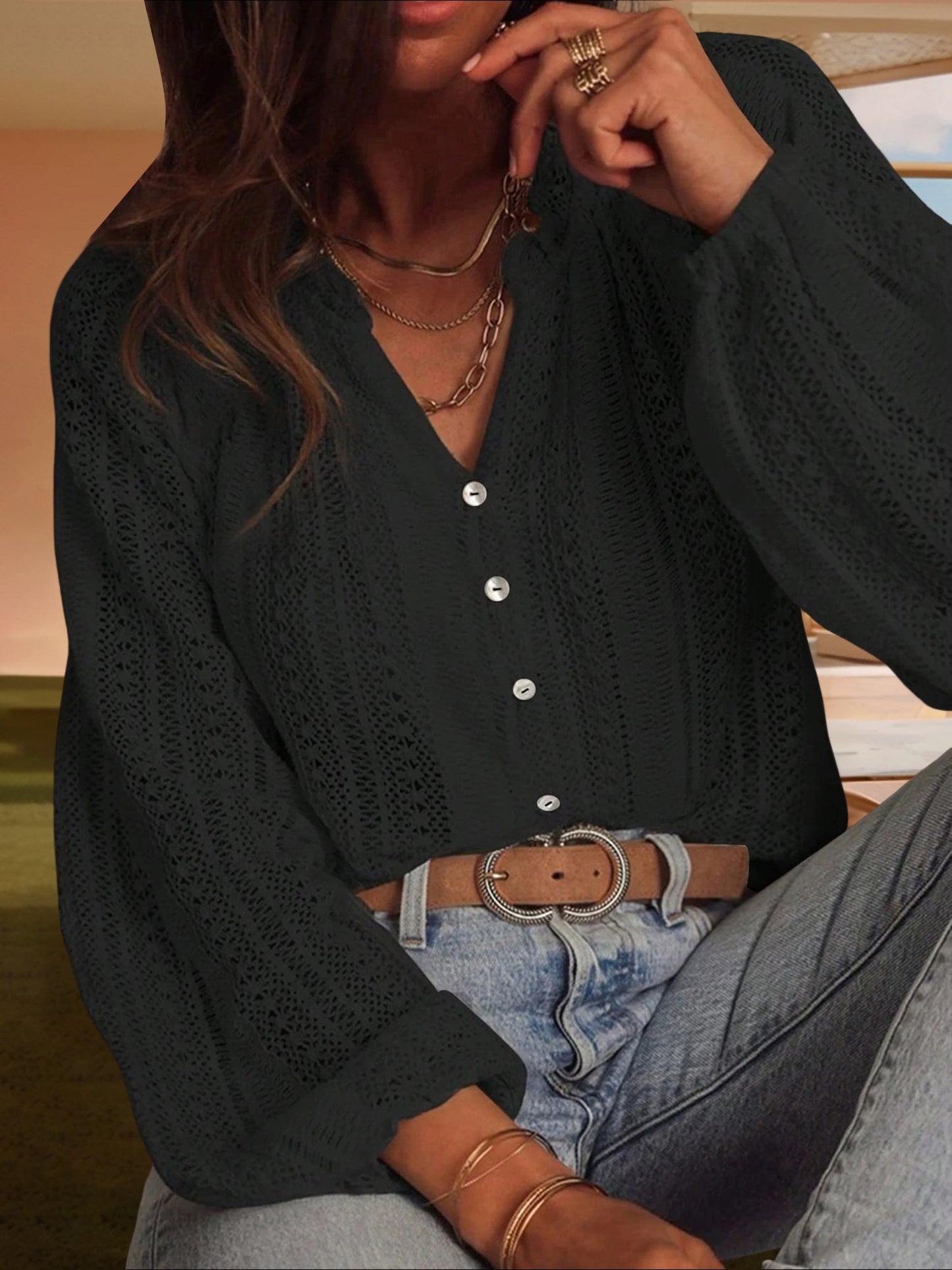 Solid Color Long Sleeves Knitted Sheer Crochet Blouse