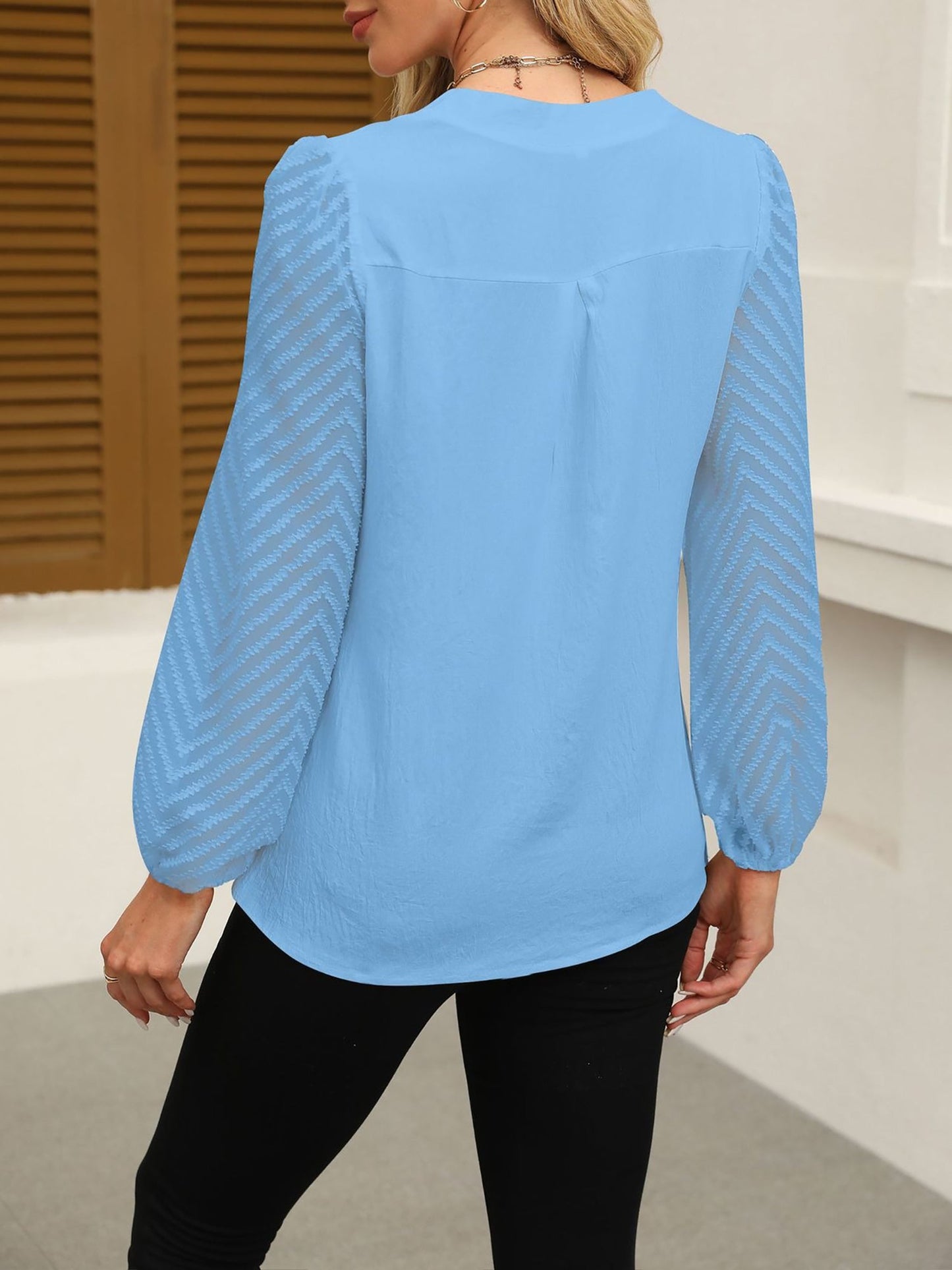 Solid Color Notch Neck Textured Sheer Puff Sleeves Blouse