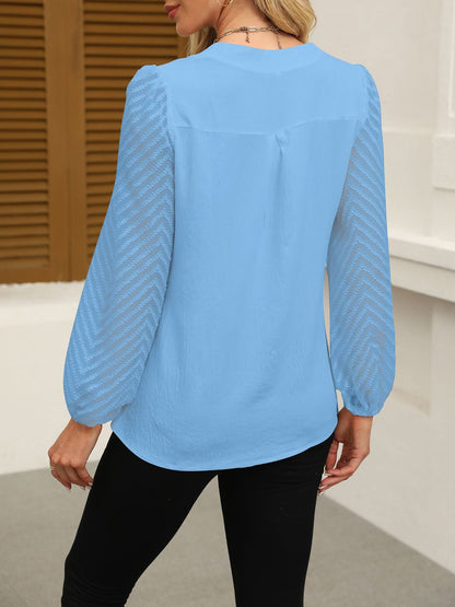 Solid Color Notch Neck Textured Sheer Puff Sleeves Blouse