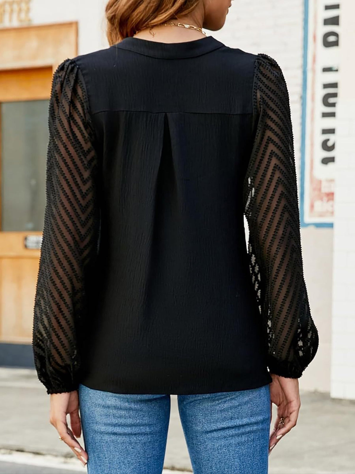 Solid Color Notch Neck Textured Sheer Puff Sleeves Blouse