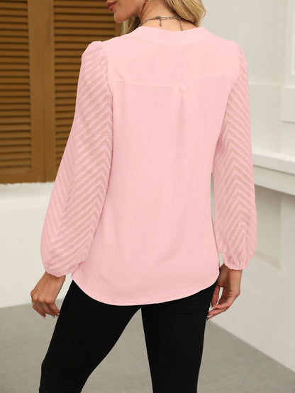 Solid Color Notch Neck Textured Sheer Puff Sleeves Blouse