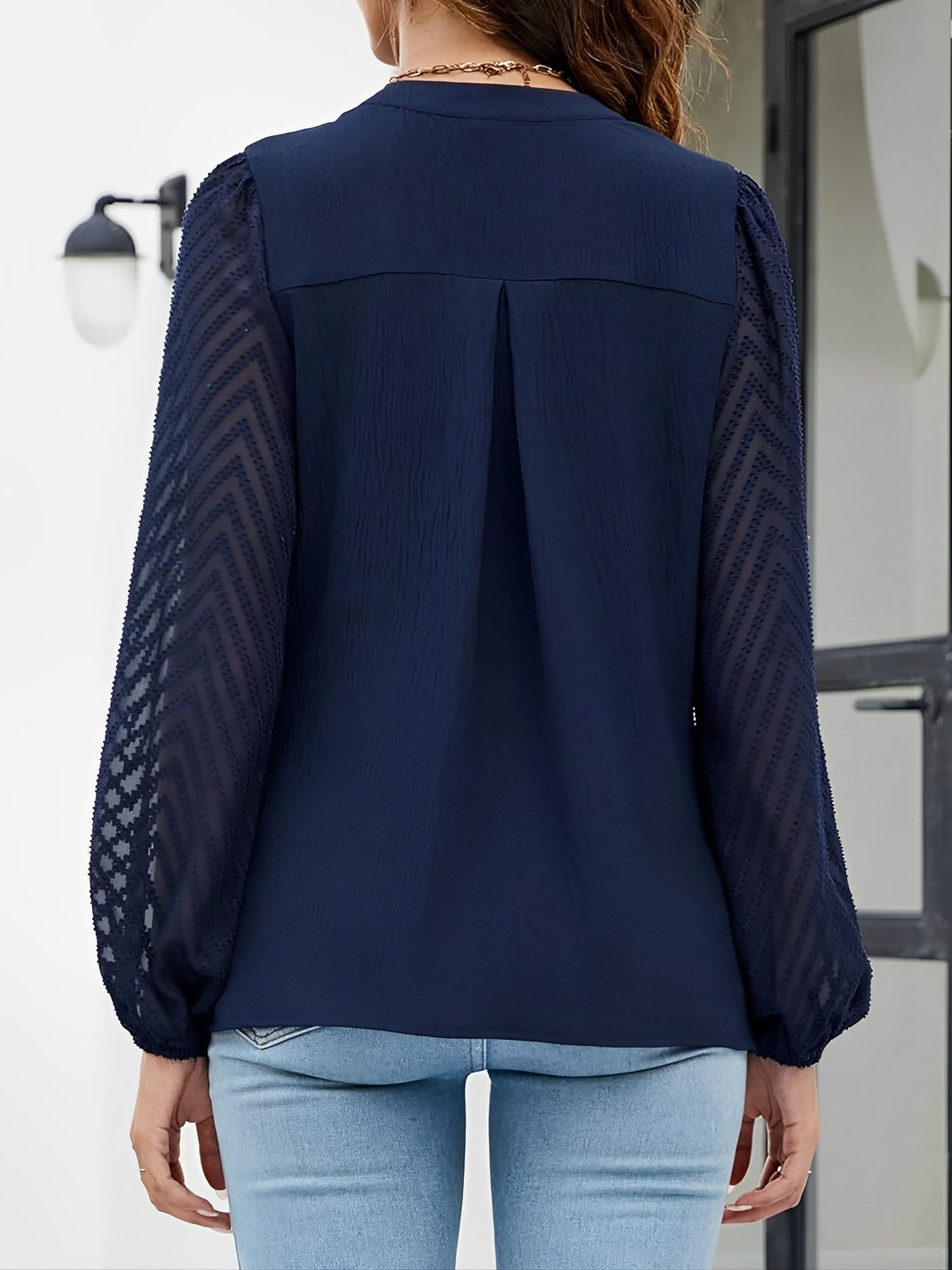 Solid Color Notch Neck Textured Sheer Puff Sleeves Blouse
