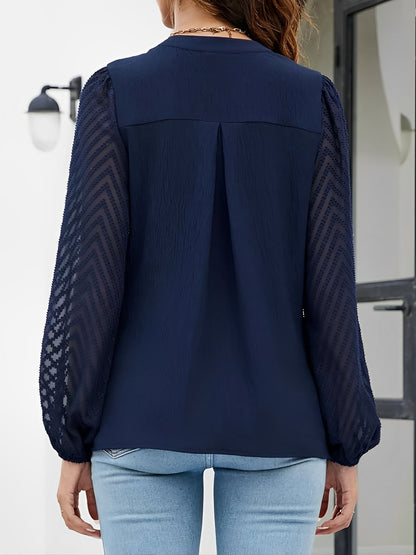 Solid Color Notch Neck Textured Sheer Puff Sleeves Blouse