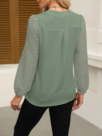 Solid Color Notch Neck Textured Sheer Puff Sleeves Blouse
