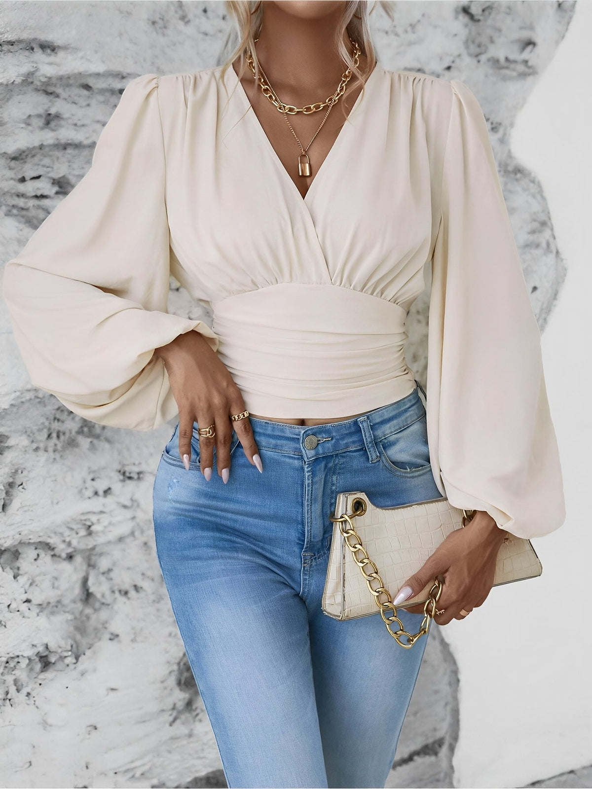 Ruched V Neck Puff Long Sleeves Smocked Casual Blouse