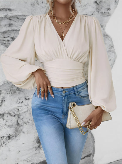 Ruched V Neck Puff Long Sleeves Smocked Casual Blouse