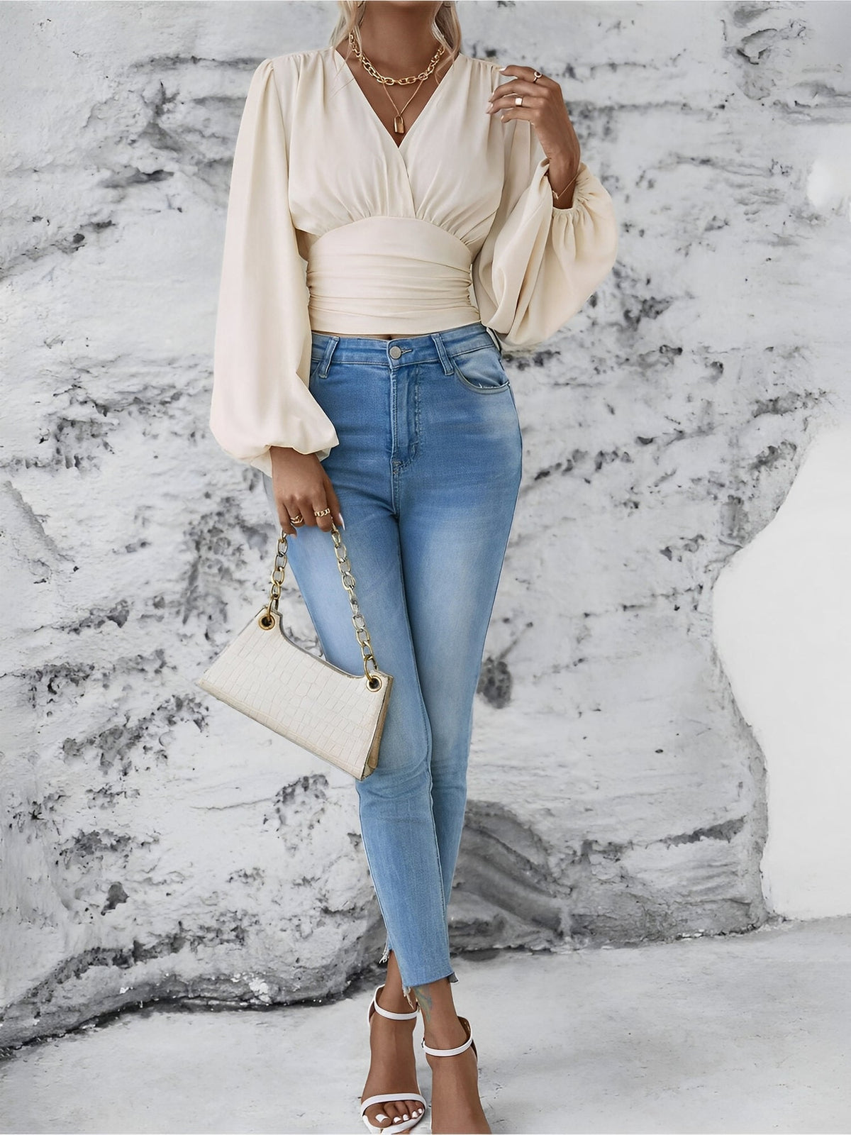 Ruched V Neck Puff Long Sleeves Smocked Casual Blouse