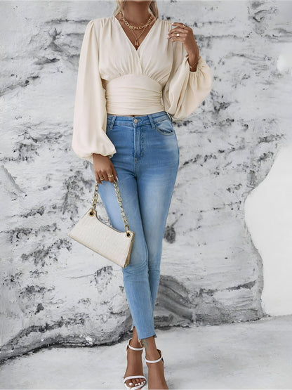 Ruched V Neck Puff Long Sleeves Smocked Casual Blouse