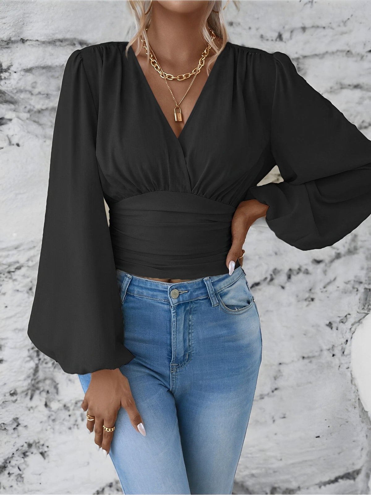 Ruched V Neck Puff Long Sleeves Smocked Casual Blouse