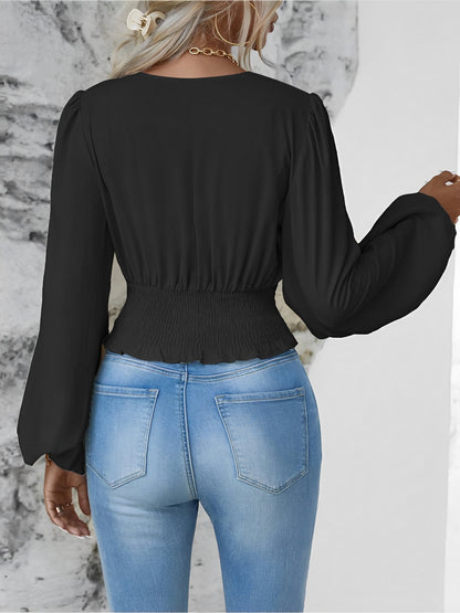 Ruched V Neck Puff Long Sleeves Smocked Casual Blouse