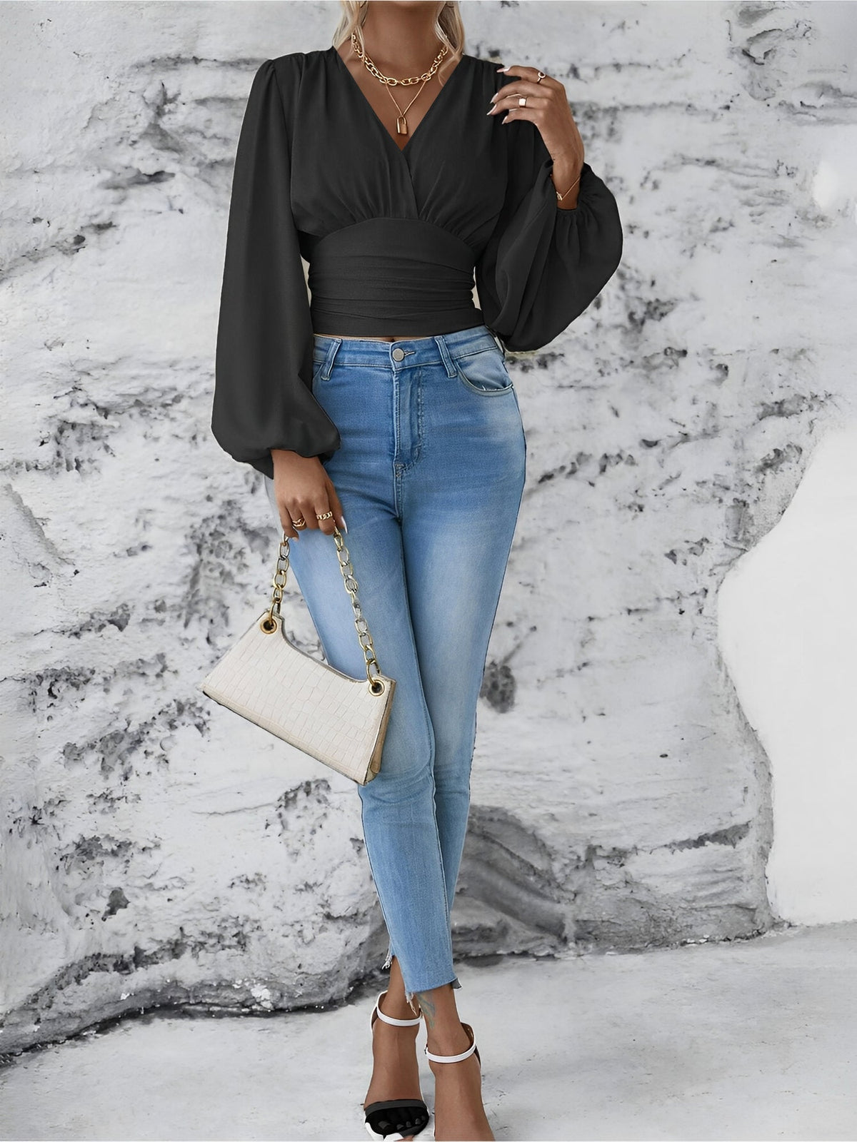 Ruched V Neck Puff Long Sleeves Smocked Casual Blouse