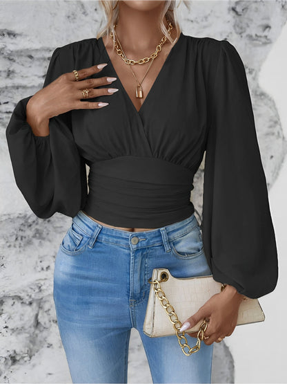 Ruched V Neck Puff Long Sleeves Smocked Casual Blouse