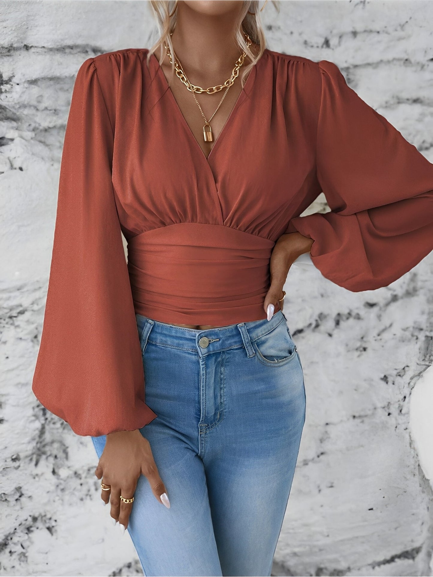 Ruched V Neck Puff Long Sleeves Smocked Casual Blouse