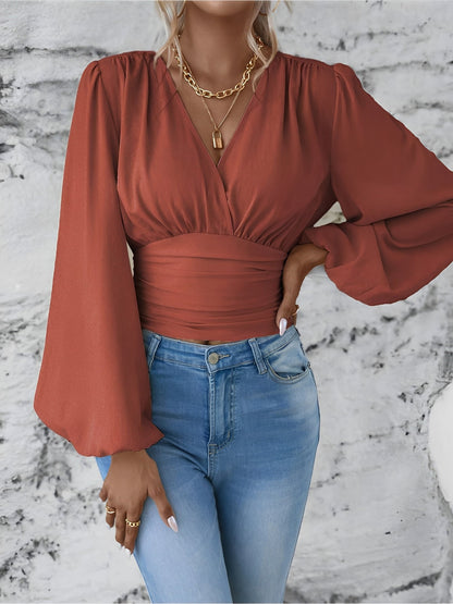 Ruched V Neck Puff Long Sleeves Smocked Casual Blouse