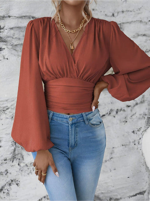 Ruched V Neck Puff Long Sleeves Smocked Casual Blouse