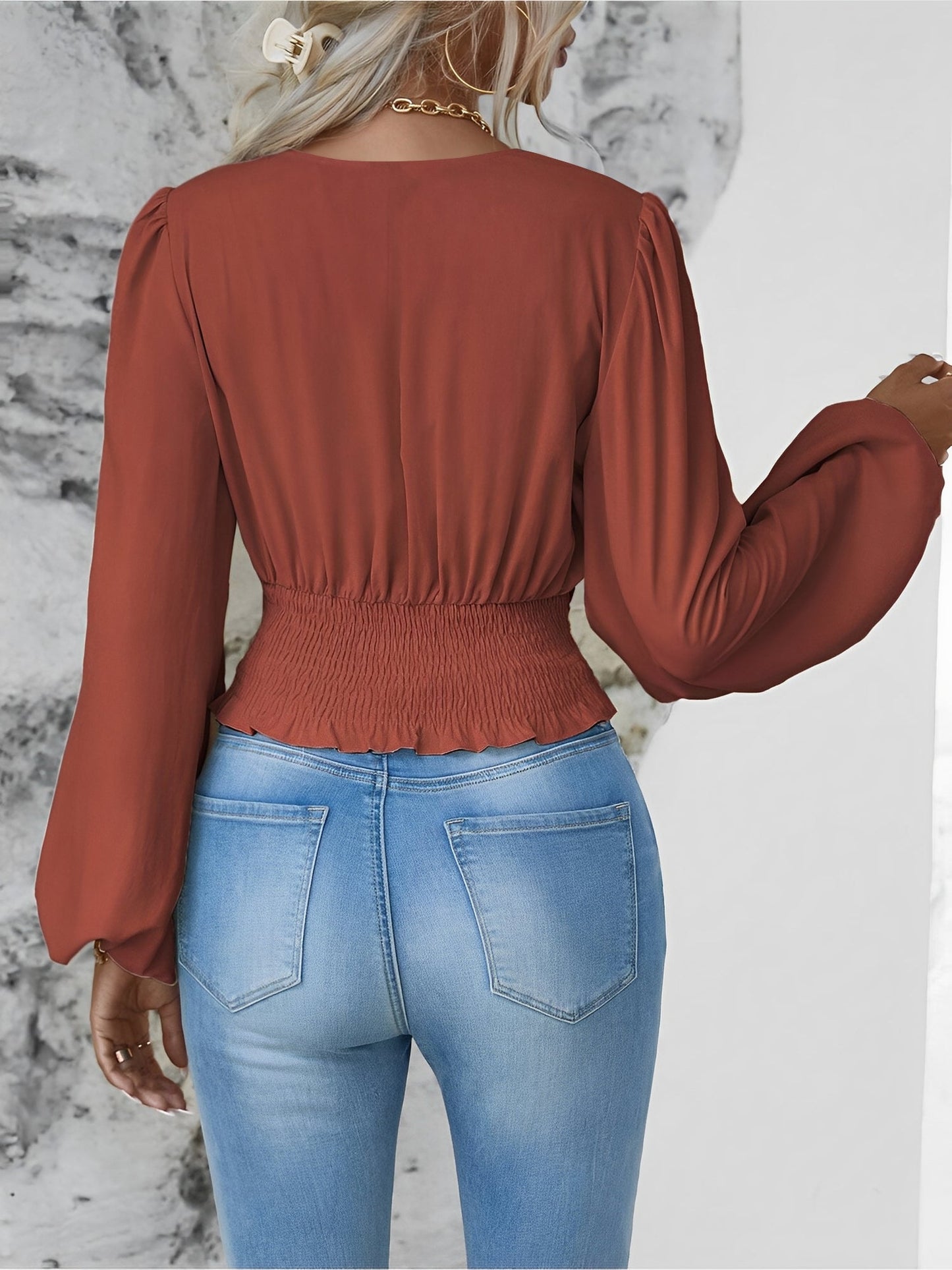 Ruched V Neck Puff Long Sleeves Smocked Casual Blouse
