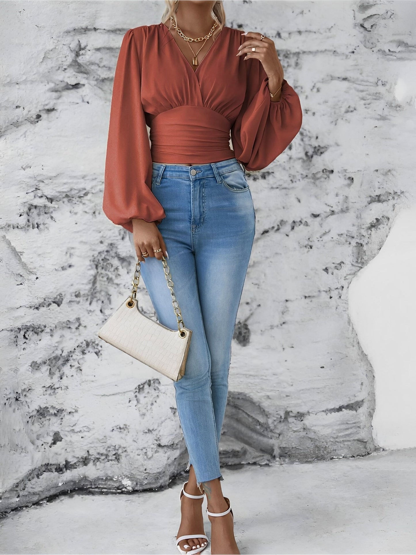 Ruched V Neck Puff Long Sleeves Smocked Casual Blouse